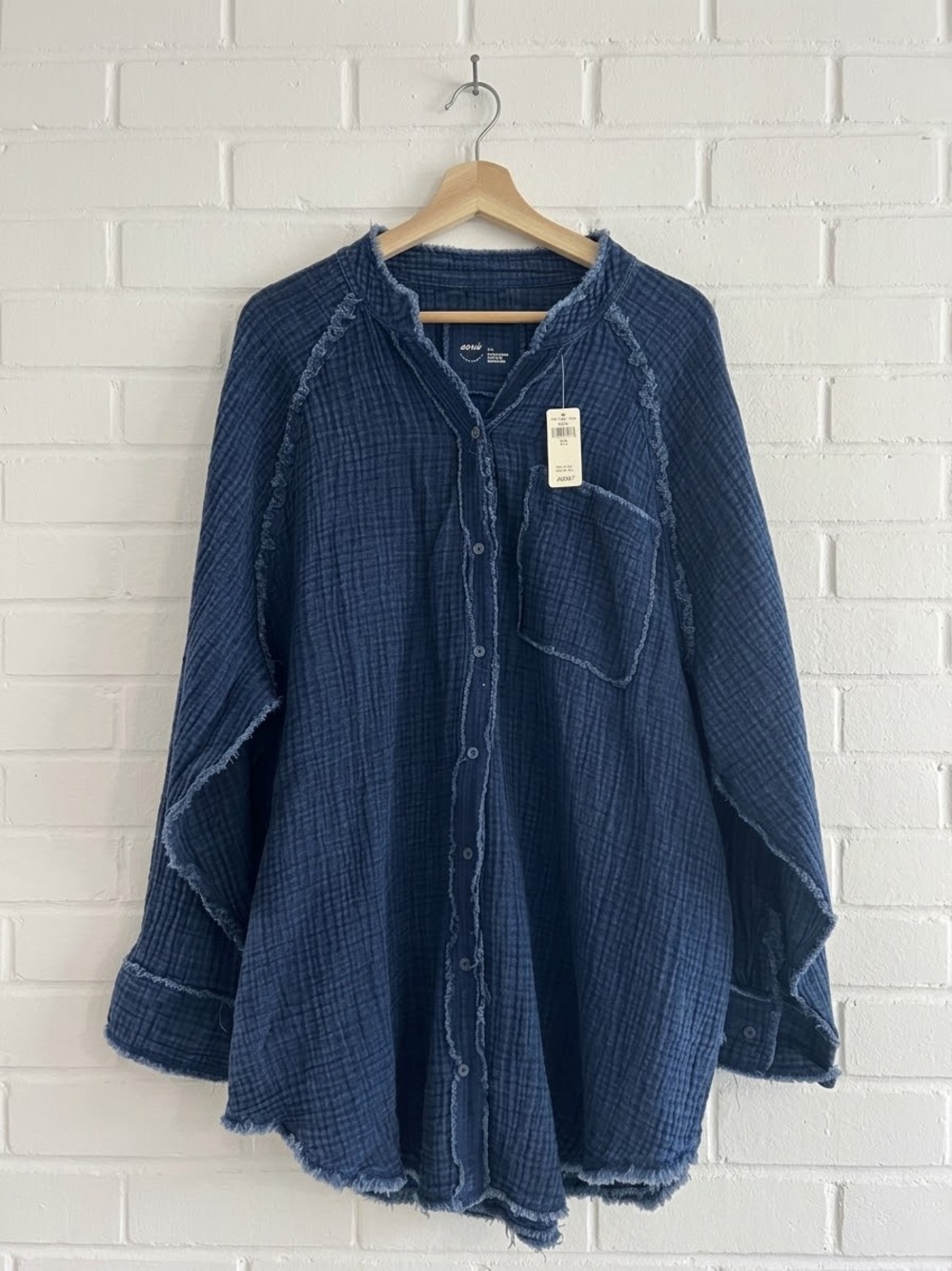 NWT Aerie Gauze Raw Edge Button Down Shirt Navy Blue Large
